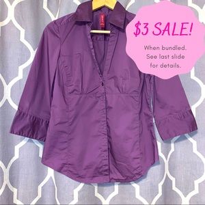 Purple tailored-fit 3/4 sleeve button down office work business shirt blouse
